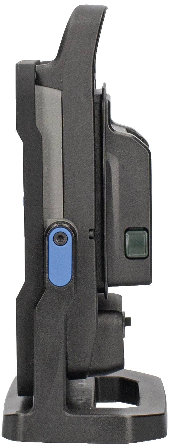 Vertikálne čierne plastové zariadenie s modrým tlačidlom a zeleným spínačom na boku.