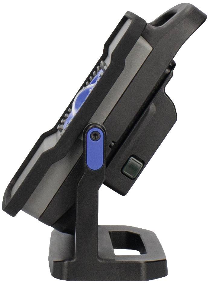 Bočný pohľad na prenosný LED reflektor s modrým akcentom na podstavci.