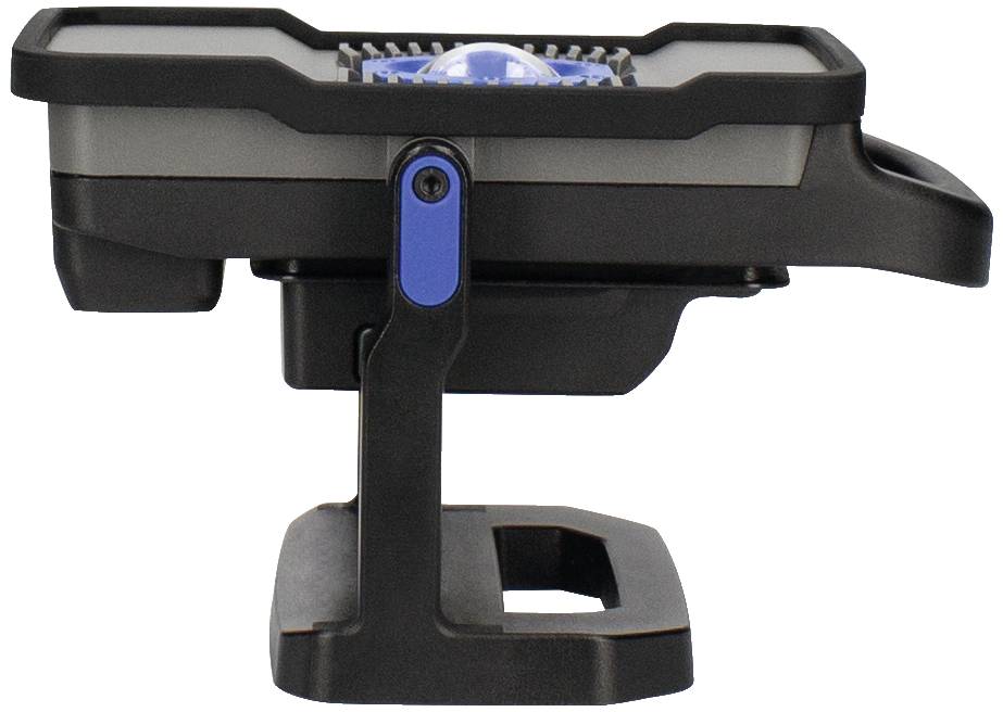 Čierno-sivá lampa s modrým akcentom na stabilnom, nastaviteľnom stojane.