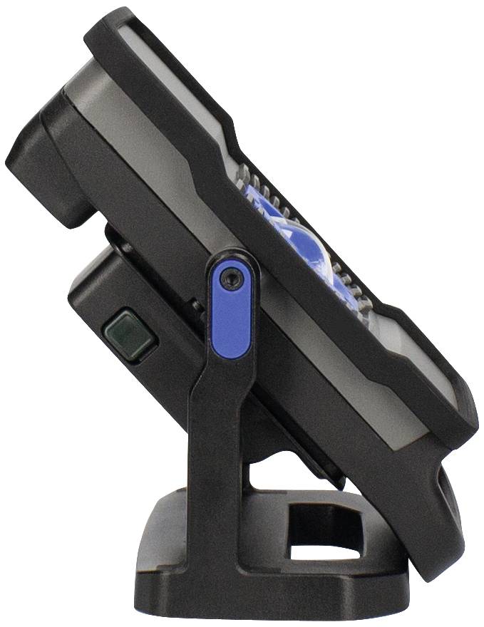 Prenosný, nastaviteľný LED reflektor z bočného pohľadu s modrým spínačom a stojanom, vhodný pre vonkajšie osvetlenie.