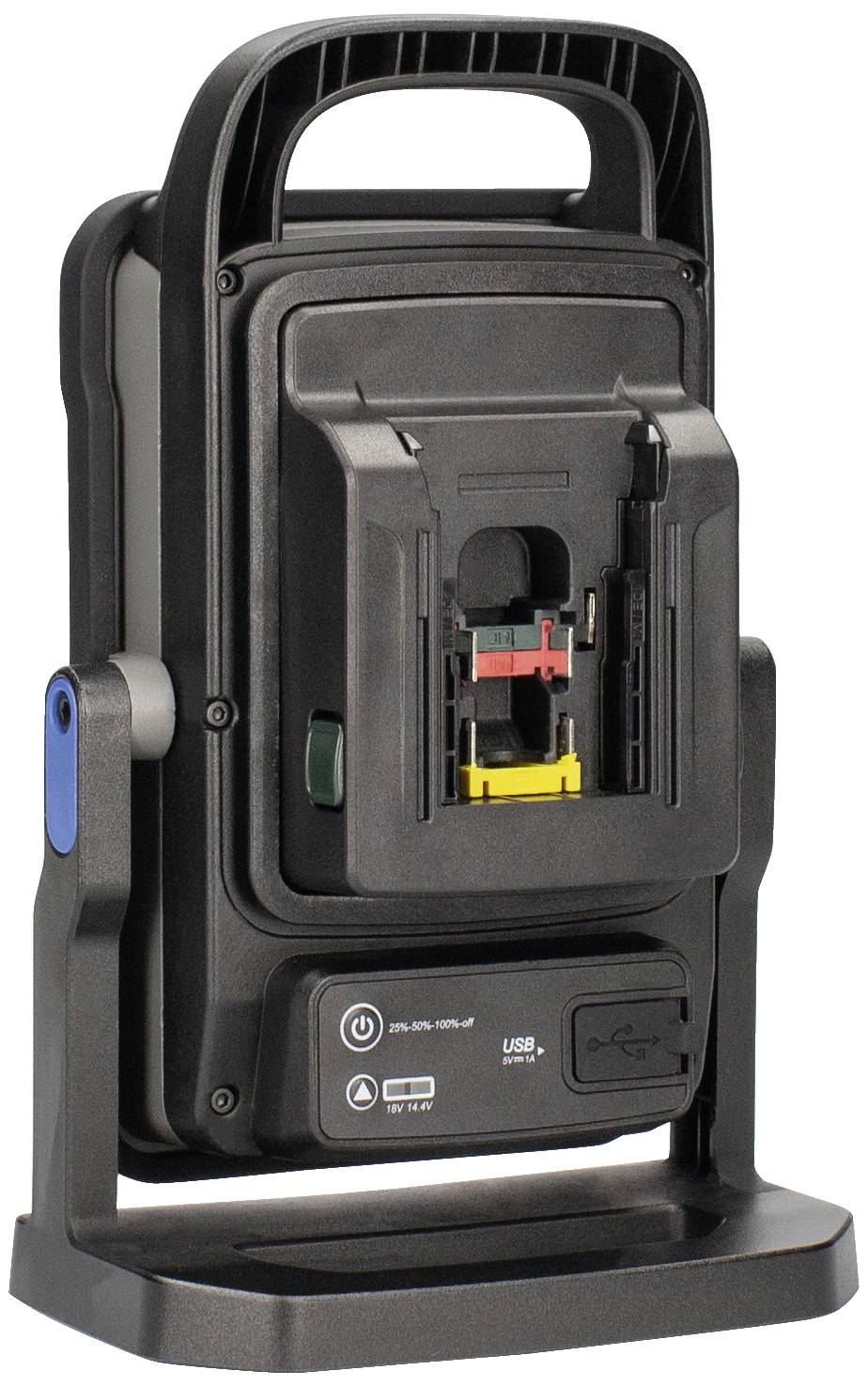 Prenosný LED pracovný reflektor s integrovanou batériou, USB portom na nabíjanie a flexibilnou podstavou, pohľad spredu.