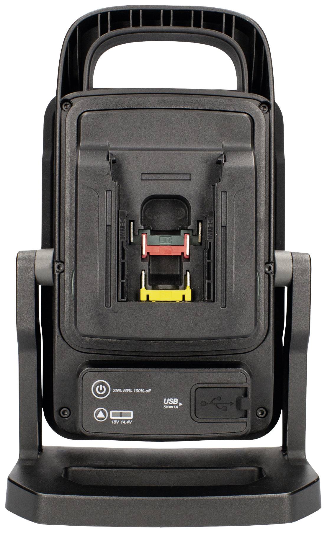 Zadný pohľad na čierne nabíjacie zariadenie s rukoväťou. Viditeľné sú USB port, prepínač a nabíjacie cesty so farebnými označeniami.