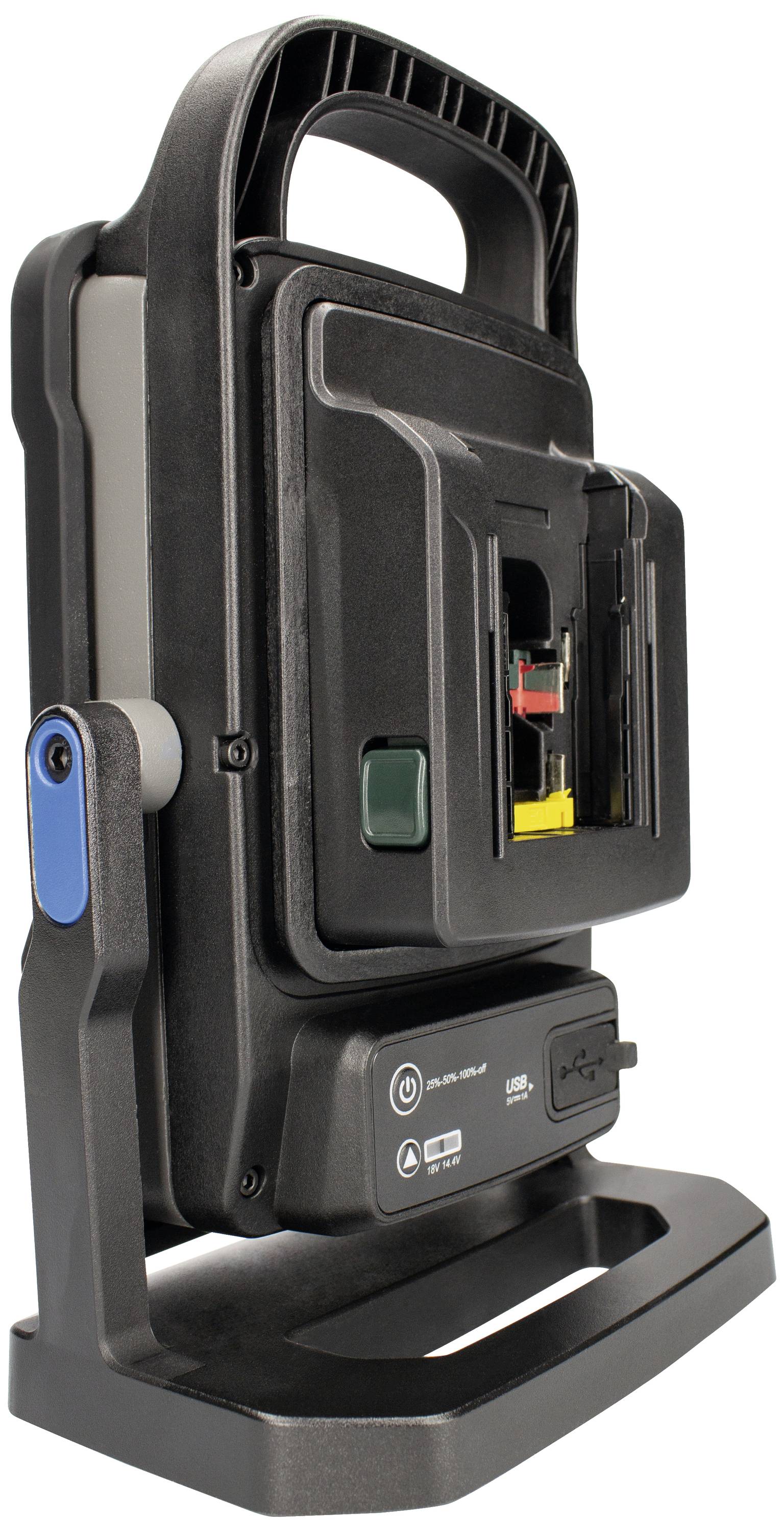 Prenosné, dobíjateľné LED pracovné svetlo v pevnom čiernom plastovom puzdre s rukoväťou a nastaviteľnou podstavou.