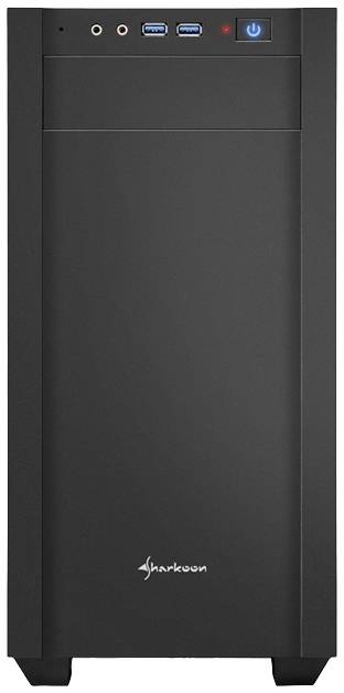 Čierna PC skrinka so dvomi USB portami, audio zásuvkami a tlačidlom napájania na hornej strane; viditeľná značka Sharkoon.