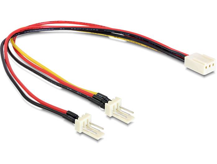 Trojvodičový kábel s dvoma zásuvkami na jednom konci a jednou zástrčkou na druhom konci, používaný pre elektrické prepojenia v elektronických zariadeniach.