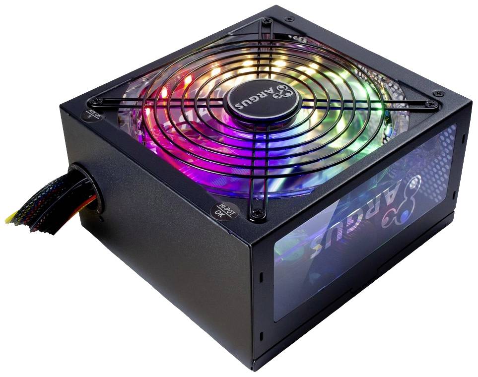 Obrázok zobrazuje počítačový zdroj s osvetleným ventilátorom a RGB svetlami. Káble sú viditeľné na ľavej strane.