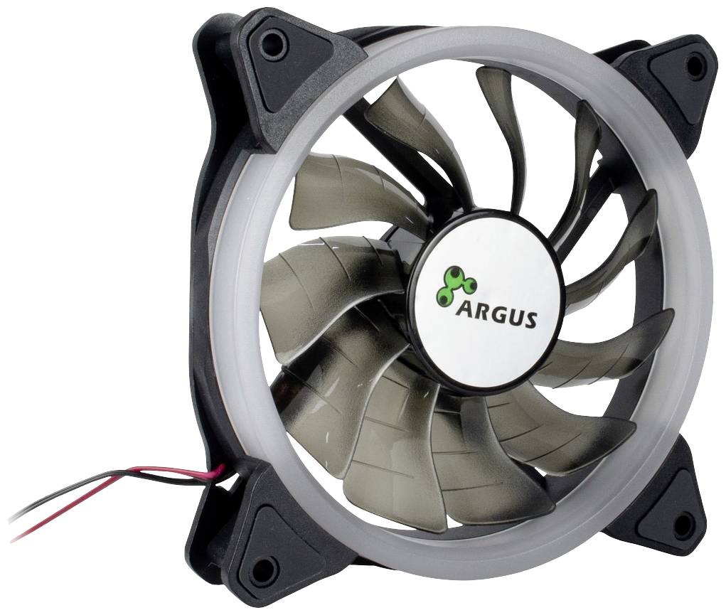 Počítačový ventilátor s čiernym krytom a priehľadnými lopatkami. Logo značky 'Argus' v strede. Káble sú viditeľné.