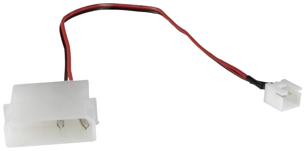 Počítačový napájací adaptérový kábel s bielou štvorpólovou Molex zástrčkou a bielou dvojpólovou zástrčkou, prepojený červenými a čiernymi vodičmi.