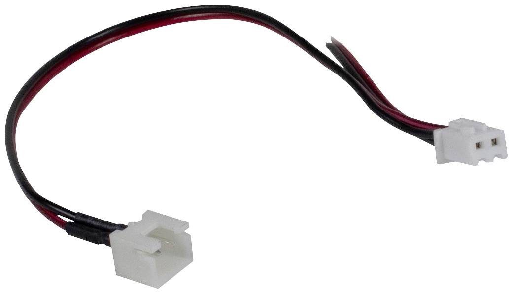 'Dva biele, obdĺžnikové konektory s červenými a čiernymi káblami, ktoré ich spájajú; jeden je samčí a druhý samičí.'