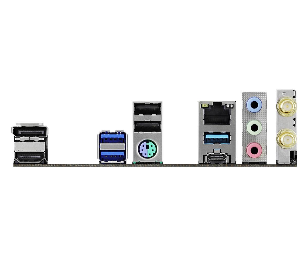 Konektory na zadnej strane počítačovej základnej dosky vrátane HDMI, USB, audio a ethernetových portov.