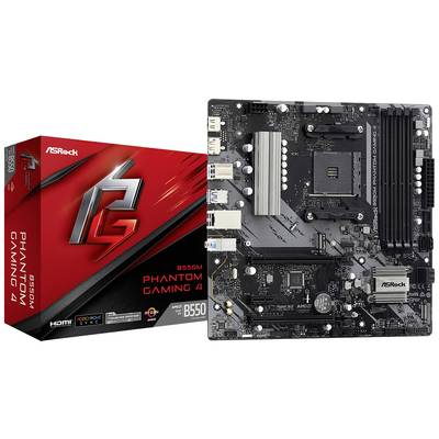 Základná doska ASRock B550M Phantom Gaming 4 vedľa obalu. Zobrazuje konektory a PCIe sloty, vhodná pre procesory AMD.