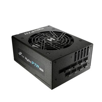 Čierne PC napájanie od FSP s modelovým názvom 'Hydro PTM'. Disponuje modulárnymi konektormi a mriežkou ventilátora na hornej strane.