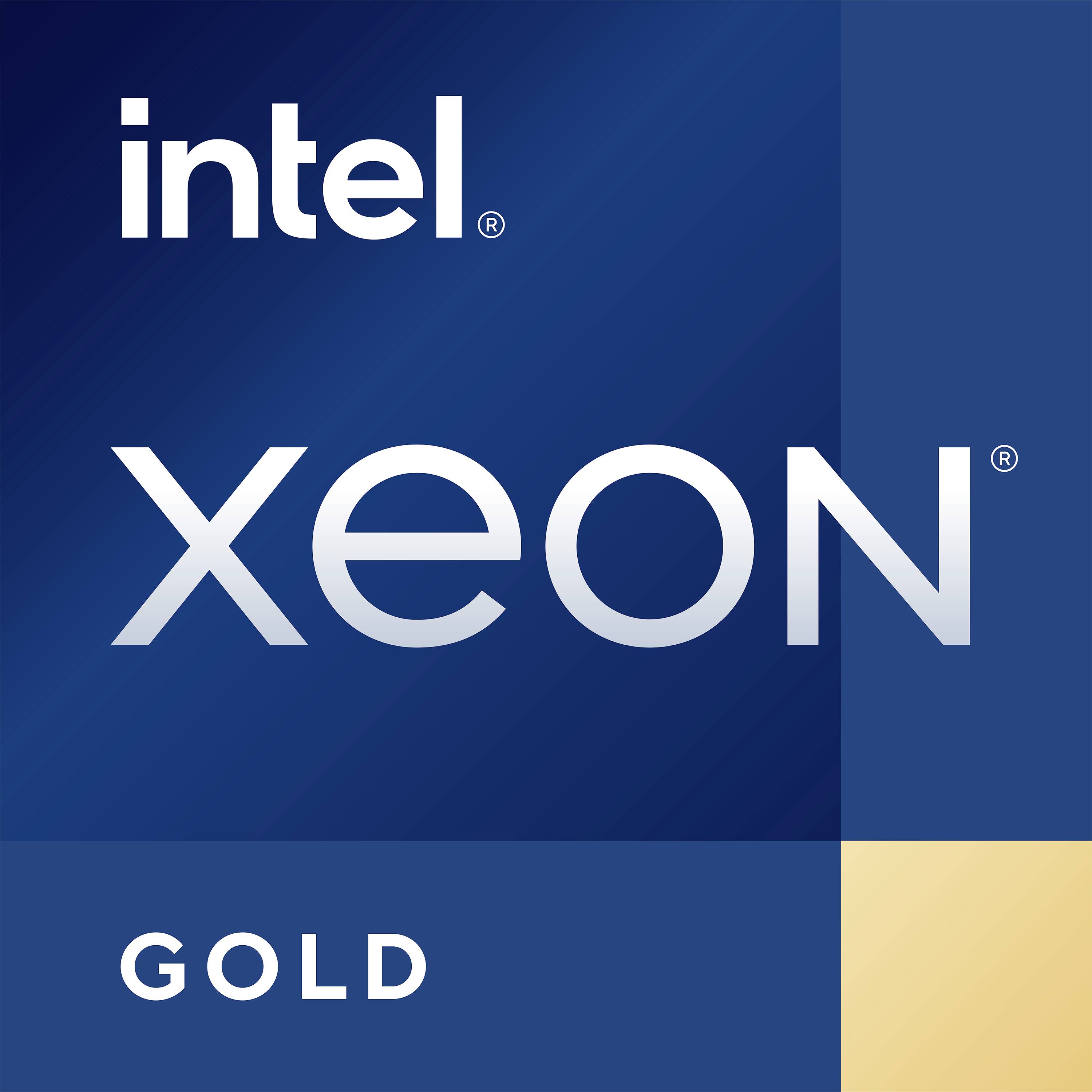 Logo Intel Xeon Gold na modrom pozadí, s bielym textom Intel a Xeon, a zlatým pruhom v pravom dolnom rohu.