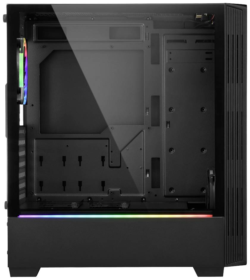 Čierna počítačová skrinka s priehľadnou bočnou stenou a RGB podsvietením na spodnej strane, bez vnútorných komponentov.