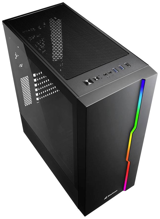 Čierna počítačová skrinka so skleneným oknom na boku, vetracími mriežkami hore, RGB svetelnými pásikmi na prednej strane a niekoľkými USB portami.