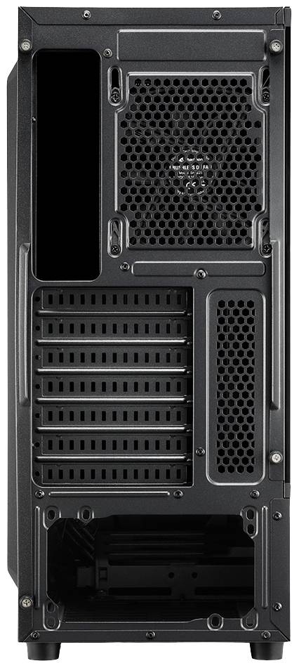 Pohľad zozadu na čiernu počítačovú skrinku s vetracími otvormi, viacerými rozširujúcimi slotmi a napájacím konektorom.