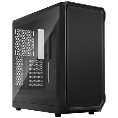 Čierny počítačový kryt s priehľadným bočným panelom. Má niekoľko vetracích štrbín a USB portov na hornej strane.