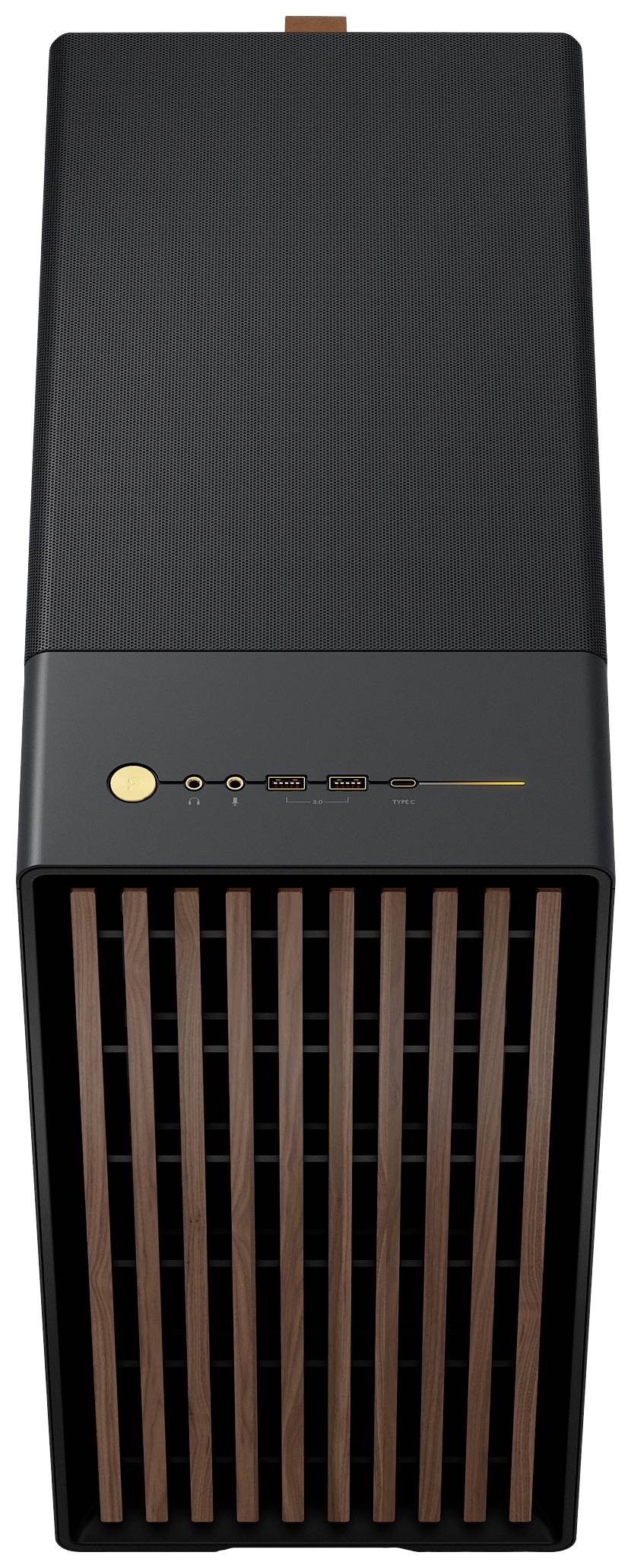 Úzky, čierny, vertikálne postavený reproduktor s drevenou mriežkovou prednou stranou a výrazným zlatým ovládačom na vrchu.