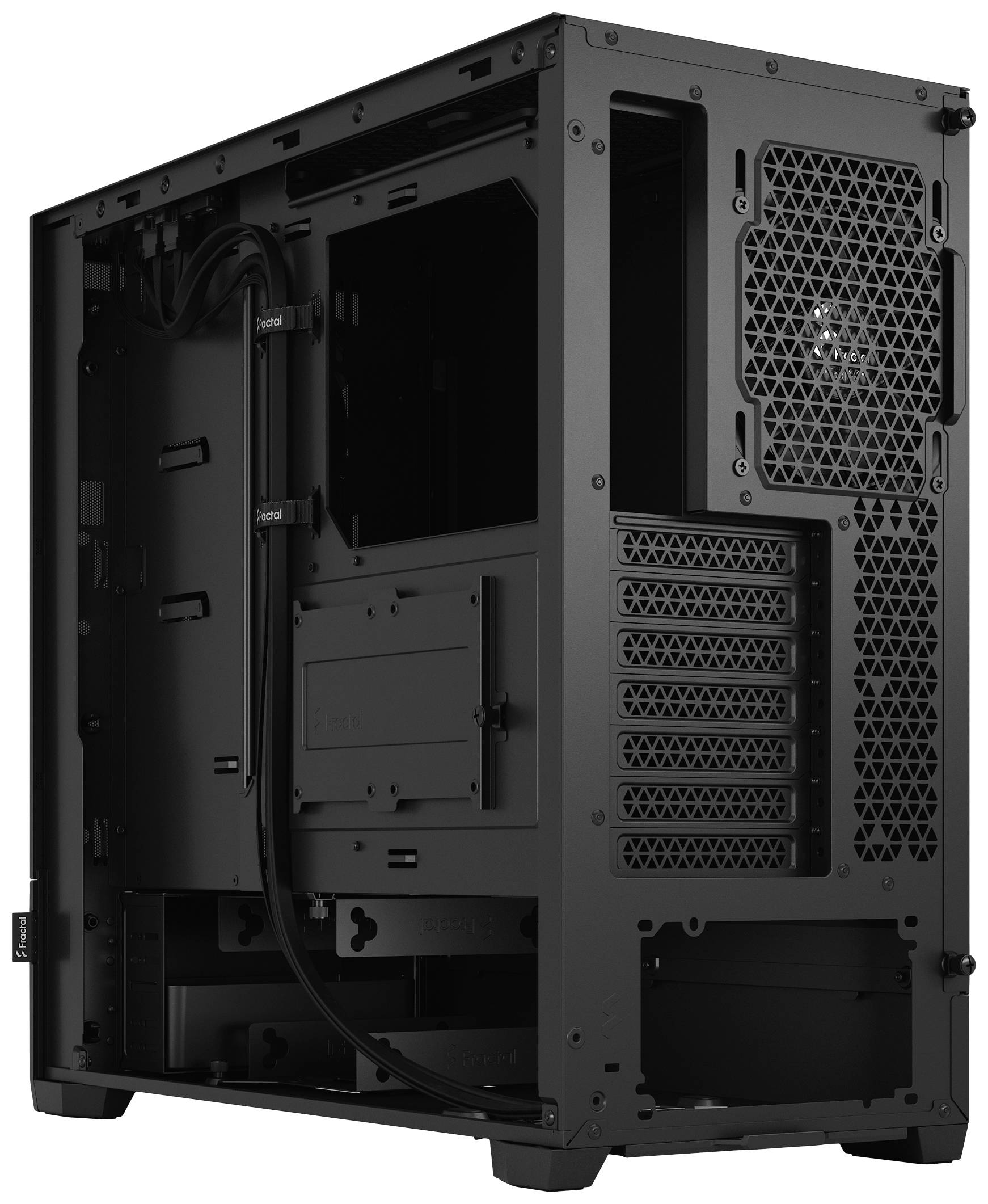 Čierna počítačová skrinka s viacerými vetracími otvormi a systémom na vedenie káblov. Pohľad zozadu odhaľuje rozširujúce sloty.