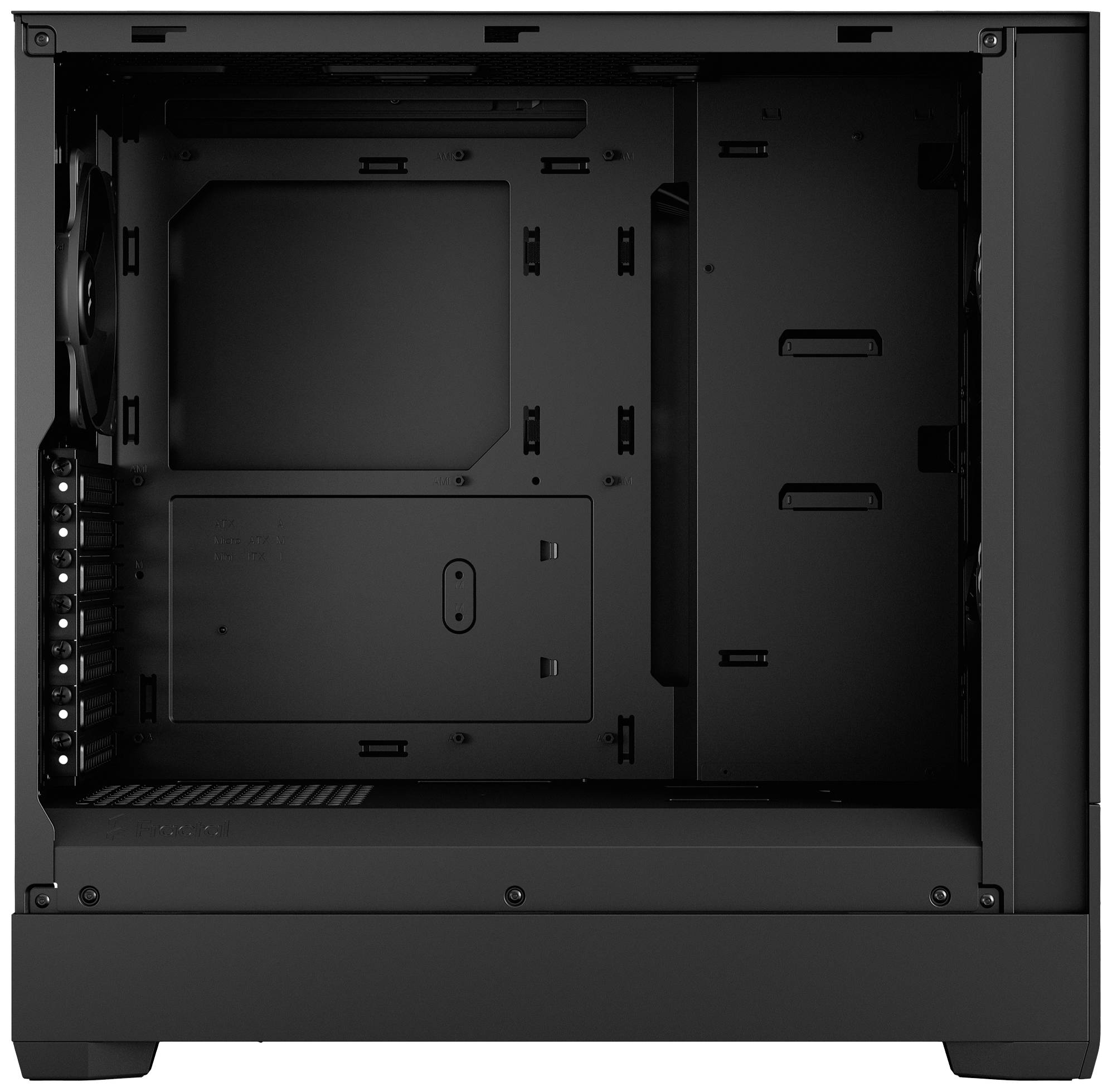 Čierna PC skrinka bez hardvéru, s priestorom pre základnú dosku a mechaniky, ideálna na zostavenie počítača.