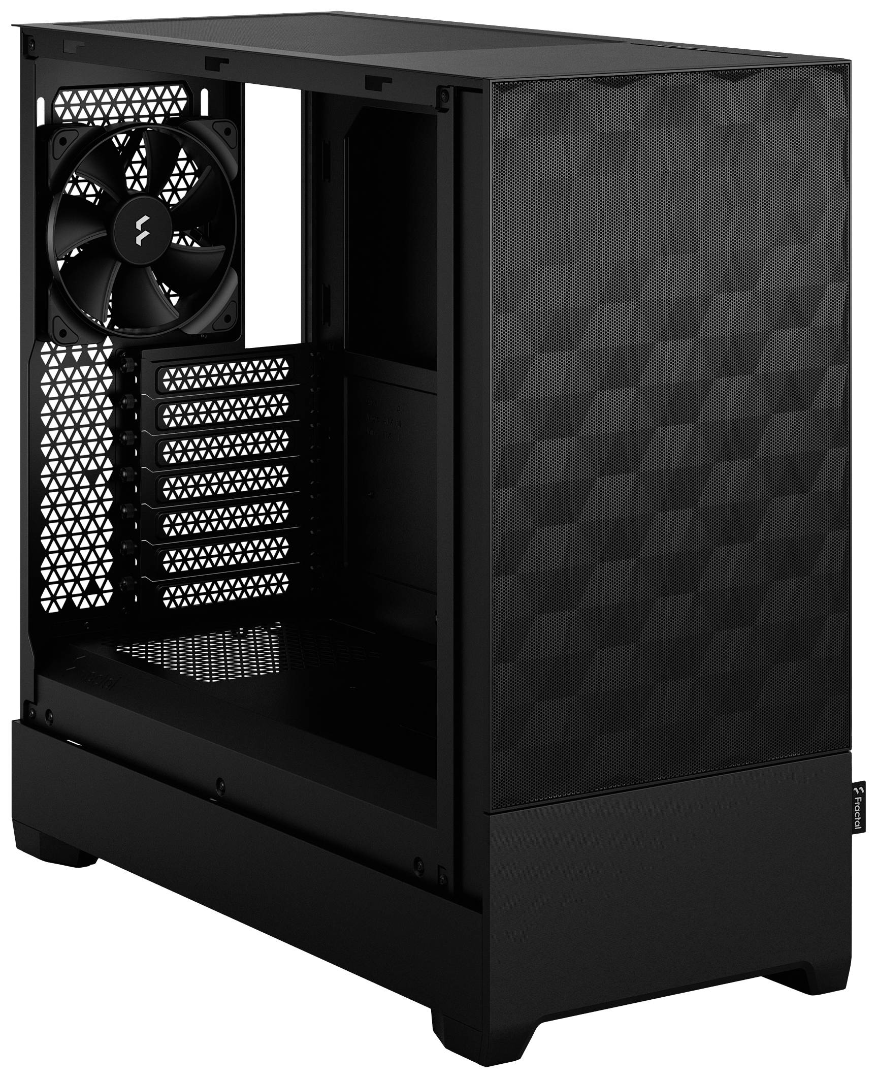 Čierna PC skrinka s ventilátorom vzadu, niekoľkými rozširovacími slotmi a geometrickým vzorom na prednom paneli.