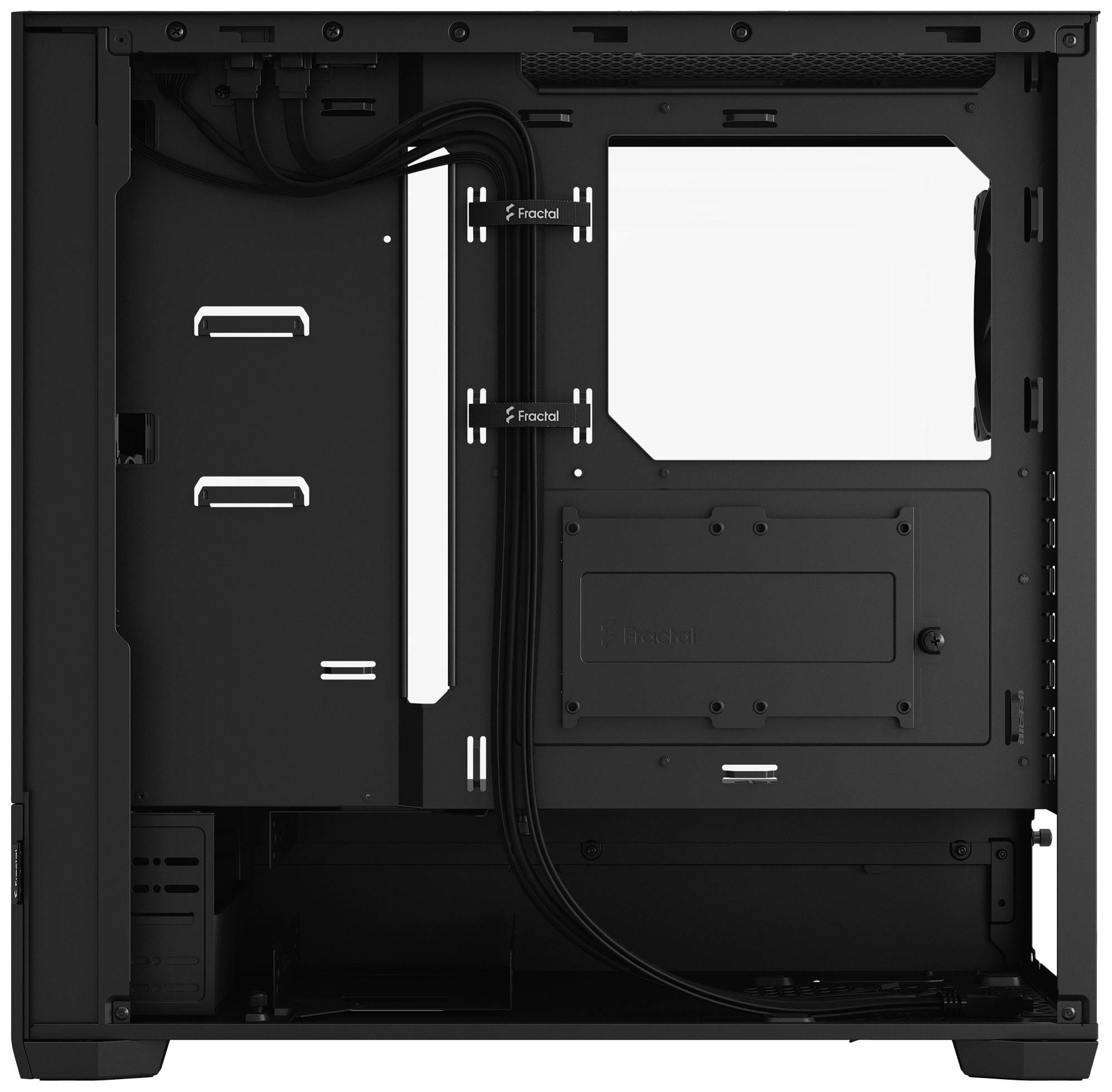 Vnútorný pohľad na skrinku PC bez komponentov, zobrazujúci možnosti vedenia káblov a priestor pre montáž základnej dosky a mechaník.