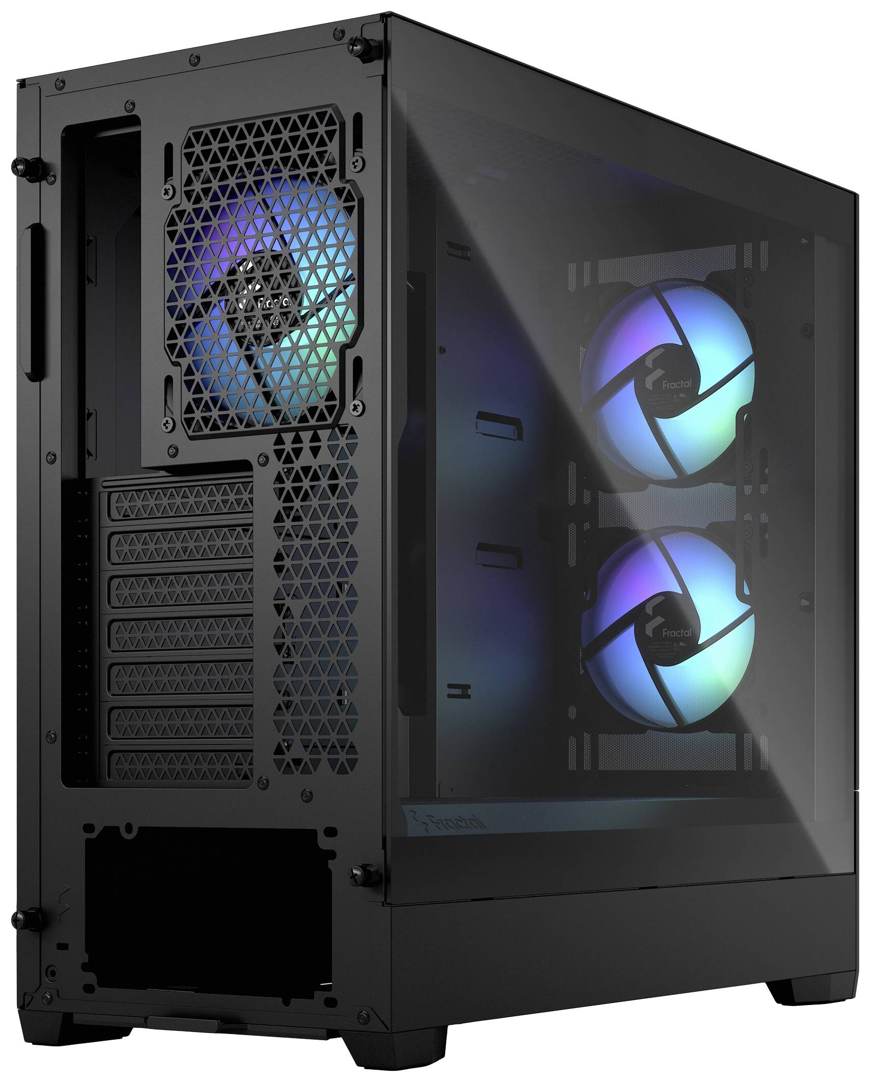 Čierna počítačová skrinka s bočným skleneným panelom zobrazuje tri svietiace ventilátory s RGB podsvietením.