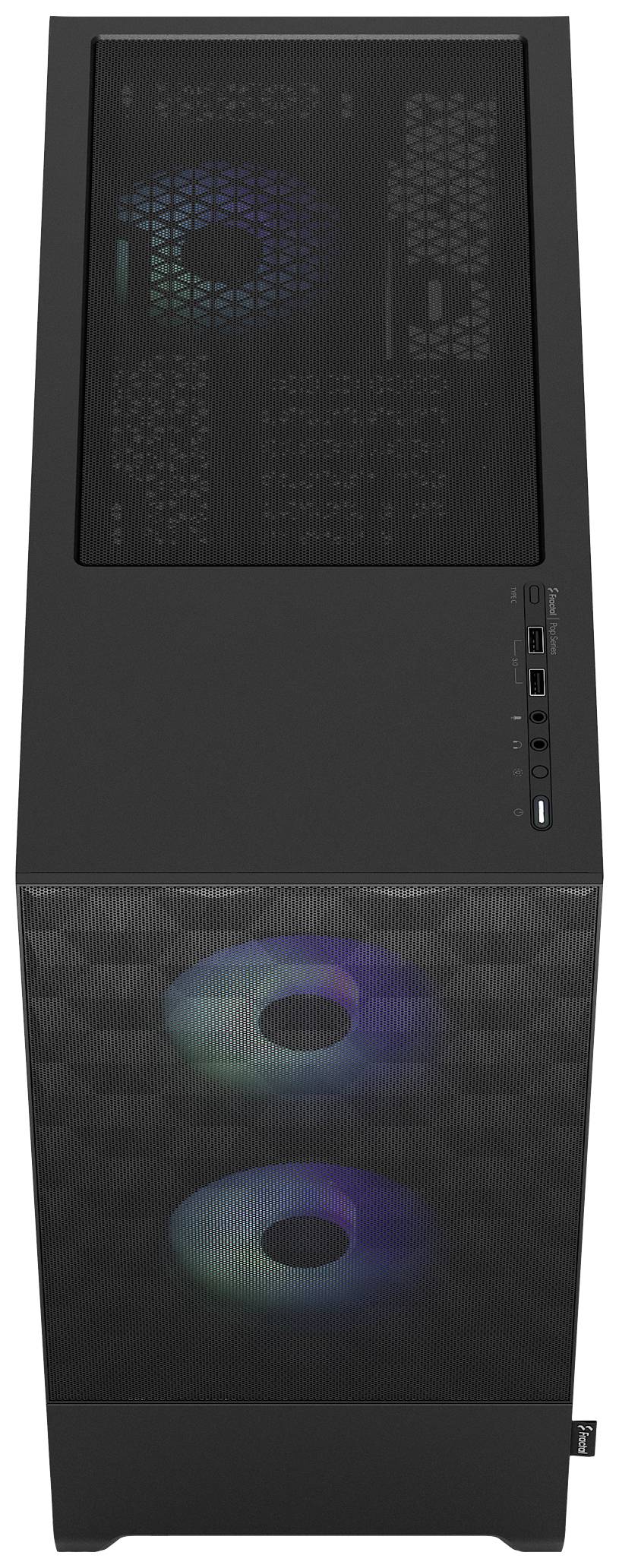 Čierna počítačová skrinka s priehľadnými stenami, cez ktoré sú viditeľné farebné ventilátory. Na vrchu sa nachádzajú USB porty.