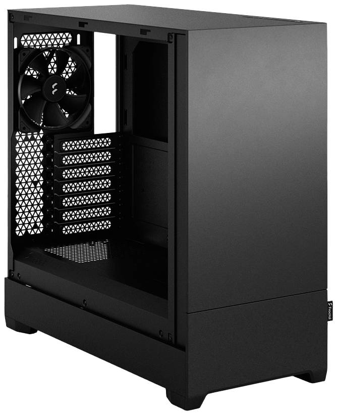 Čierna, otvorená PC skrinka s viditeľným ventilátorom na zadnej strane, priestorom pre komponenty a modulárnou konštrukciou.