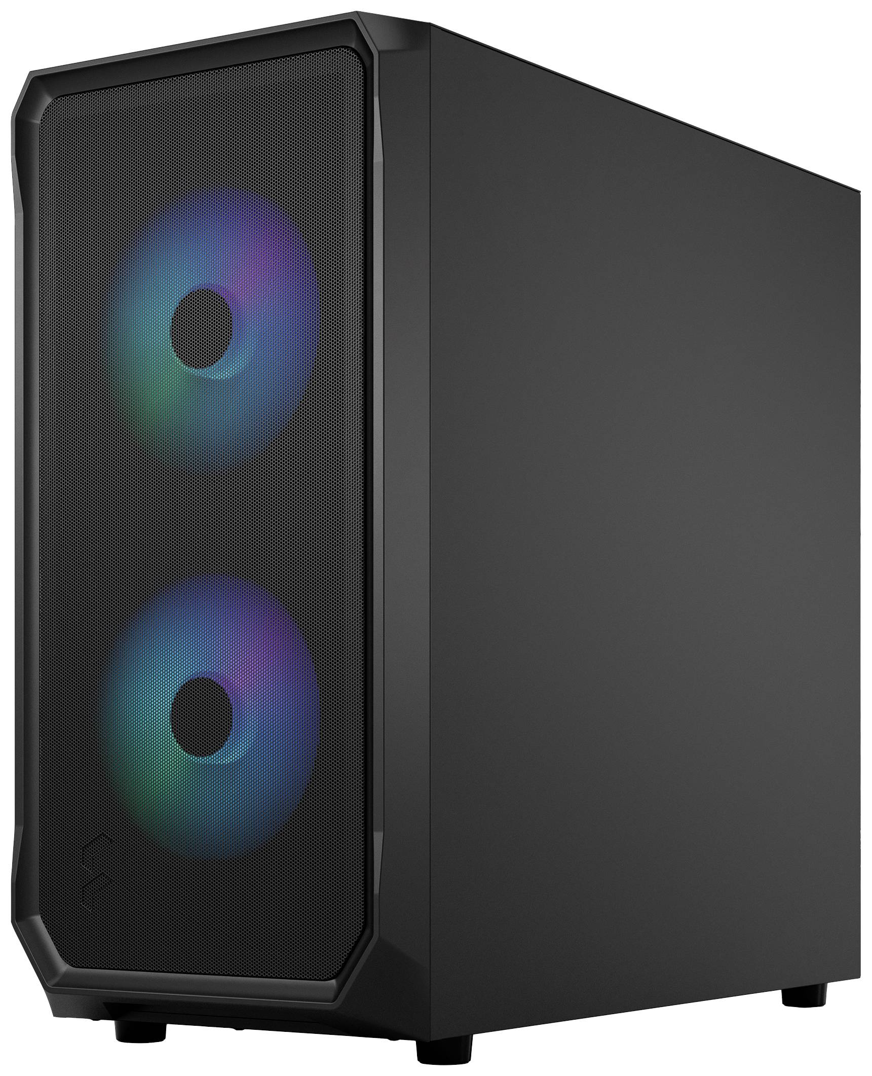Čierna počítačová skríň s dvoma viditelnými, svietiacimi ventilátormi vpredu. Ventilátory zobrazujú RGB svetelné efekty.