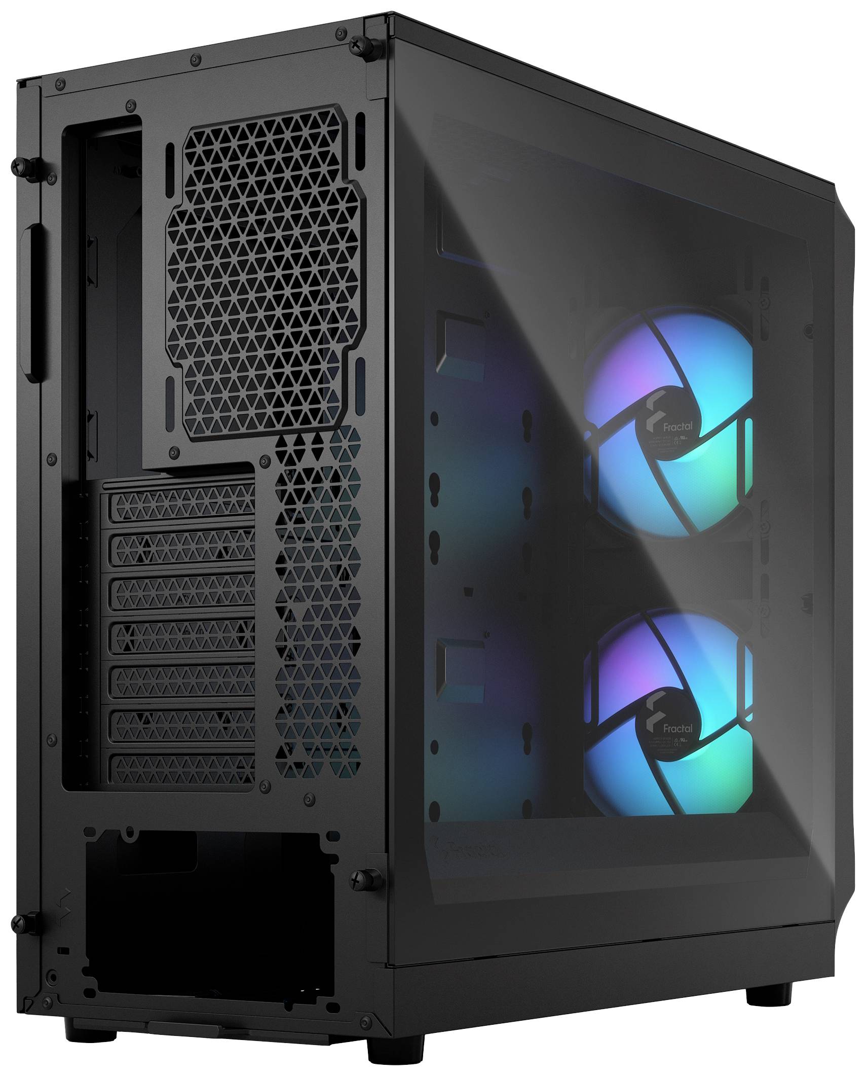 Čierna PC skrinka s priehľadným bočným panelom, cez ktorý sú viditeľné dva svietiace ventilátory meniace farbu.