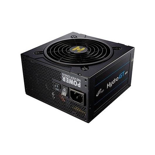 Obrázok zobrazuje čiernu počítačovú napájaciu jednotku s nápisom 'Hydro GT Pro'. Má ventilátor a rôzne konektory.