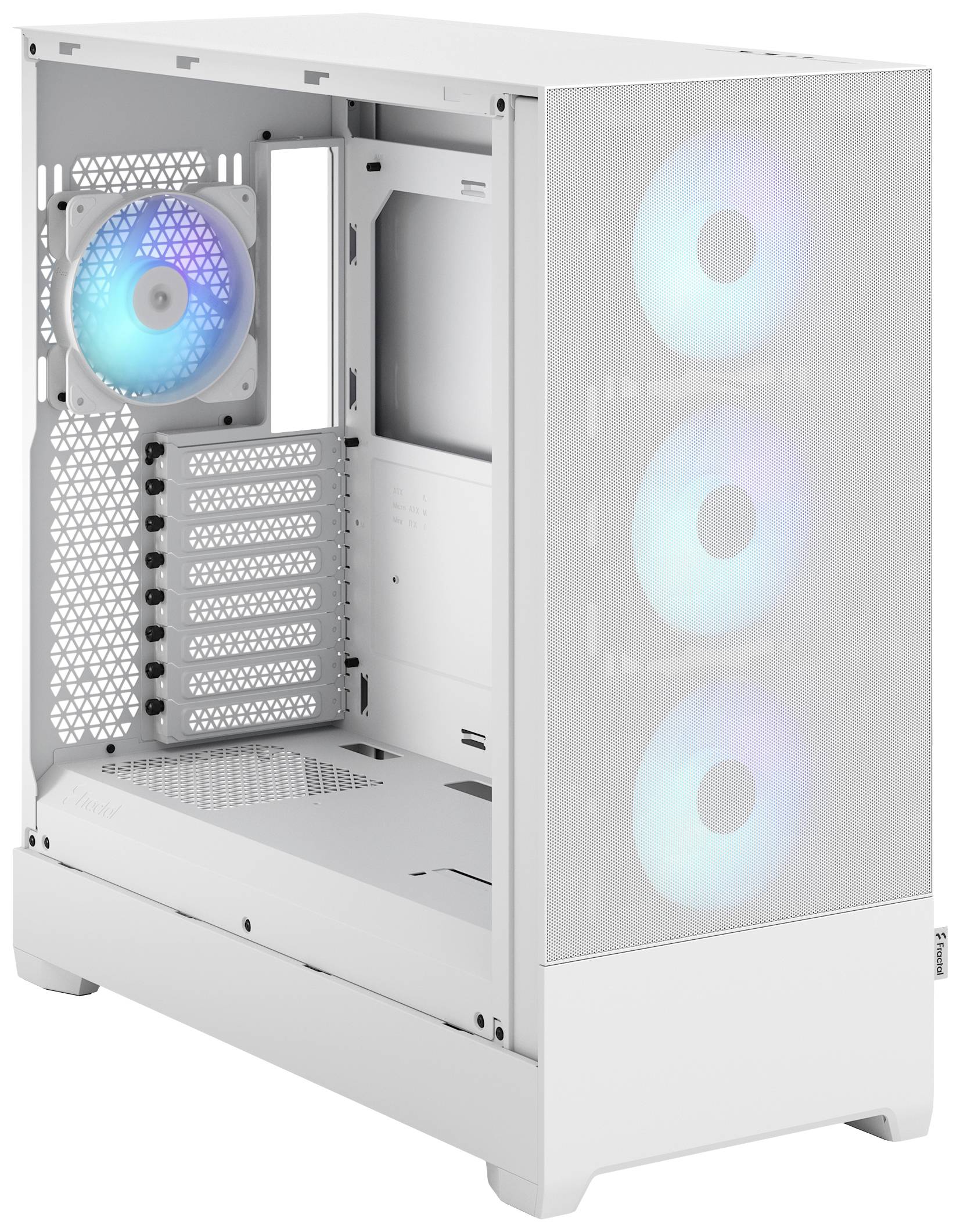 Biele PC skríňa s otvoreným vnútorným priestorom, tri svietiace ventilátory na prednej strane a jeden ventilátor na zadnej strane, vhodné pre herné zostavy.