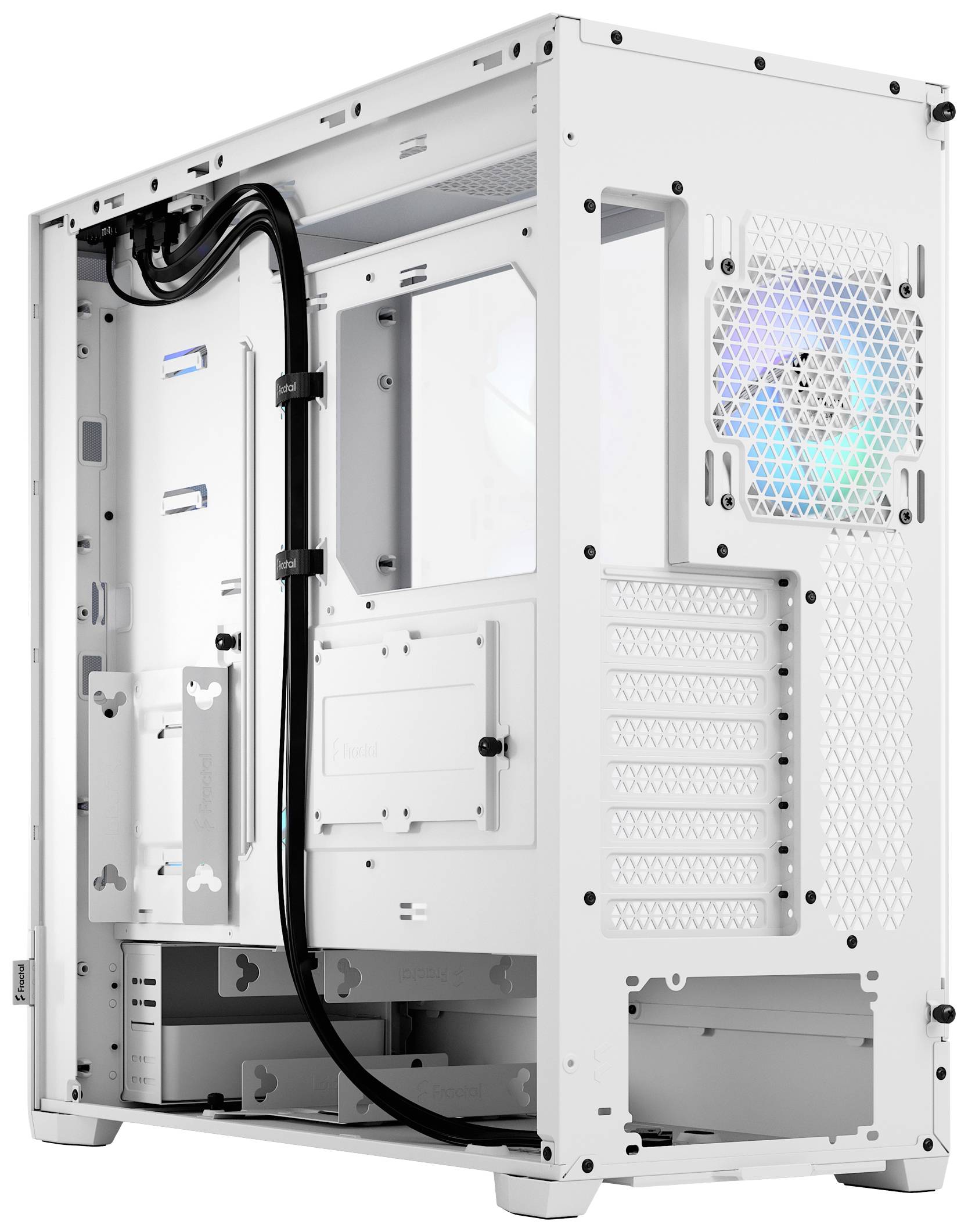 Biele PC skríňa s viacerými miestami pre ventilátor a možnosťou vedenia káblov. Zadná strana ponúka rôzne rozhrania pre rozširovacie karty.