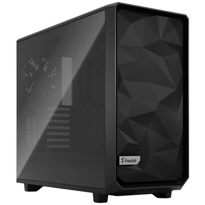 Čierna počítačová skrinka s hladkou, šikmou prednou stranou a viditeľným ventilátorom, vhodná pre zostavenie PC, ponúka moderný a elegantný štýl.