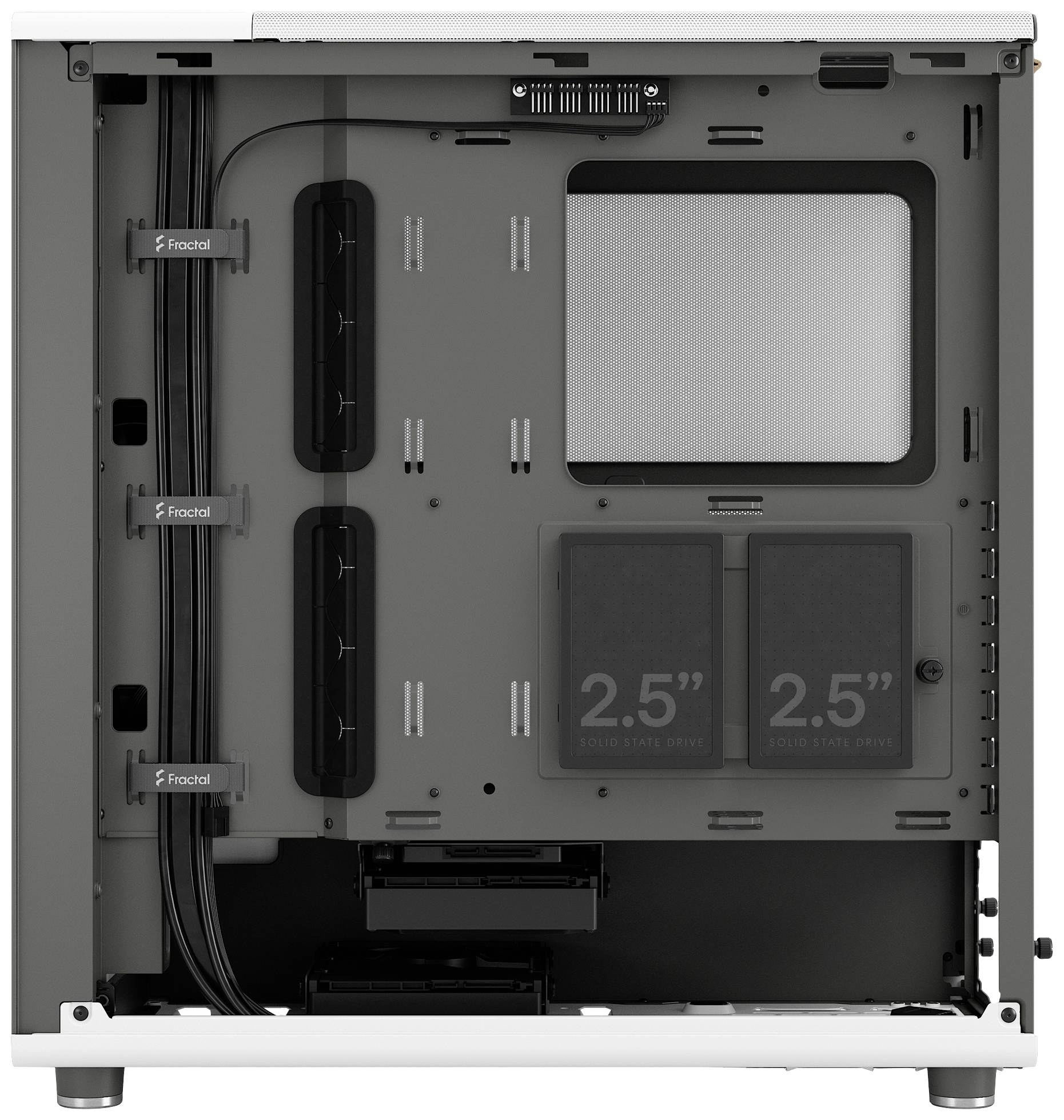 Vnútorný pohľad na počítačovú skrinku s montážnymi lištami pre správu káblov, pozíciami pre 2,5-palcové disky a prachovými filtrami v hornej časti.