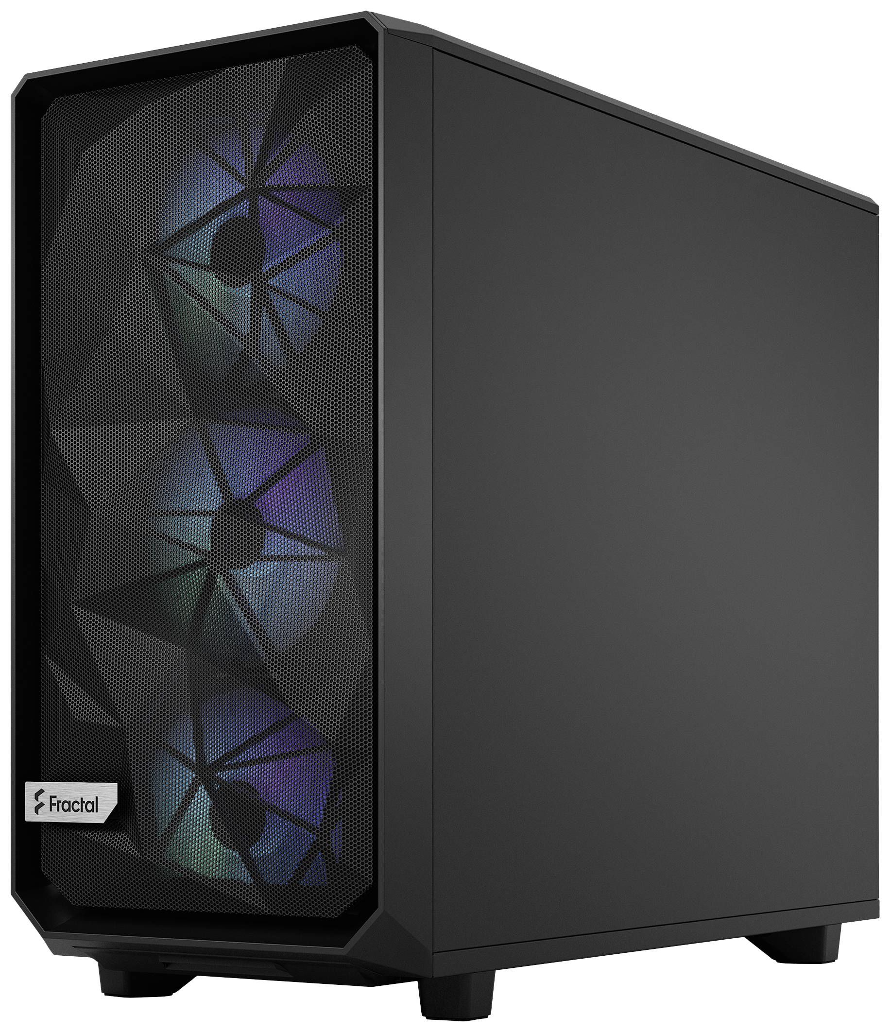 Čierna počítačová skrinka s podsvietenými ventilátormi na prednej strane, ktoré svietia v rôznych farbách.