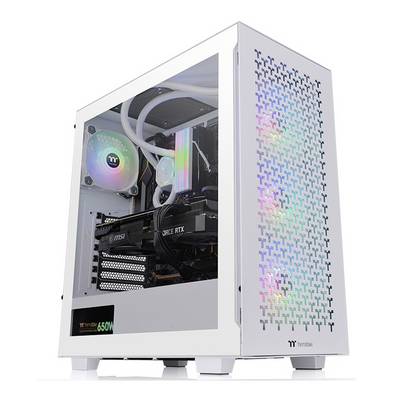 Biely počítač s priehľadným krytom zobrazuje farebné LED svetlá a grafickú kartu značky RTX.