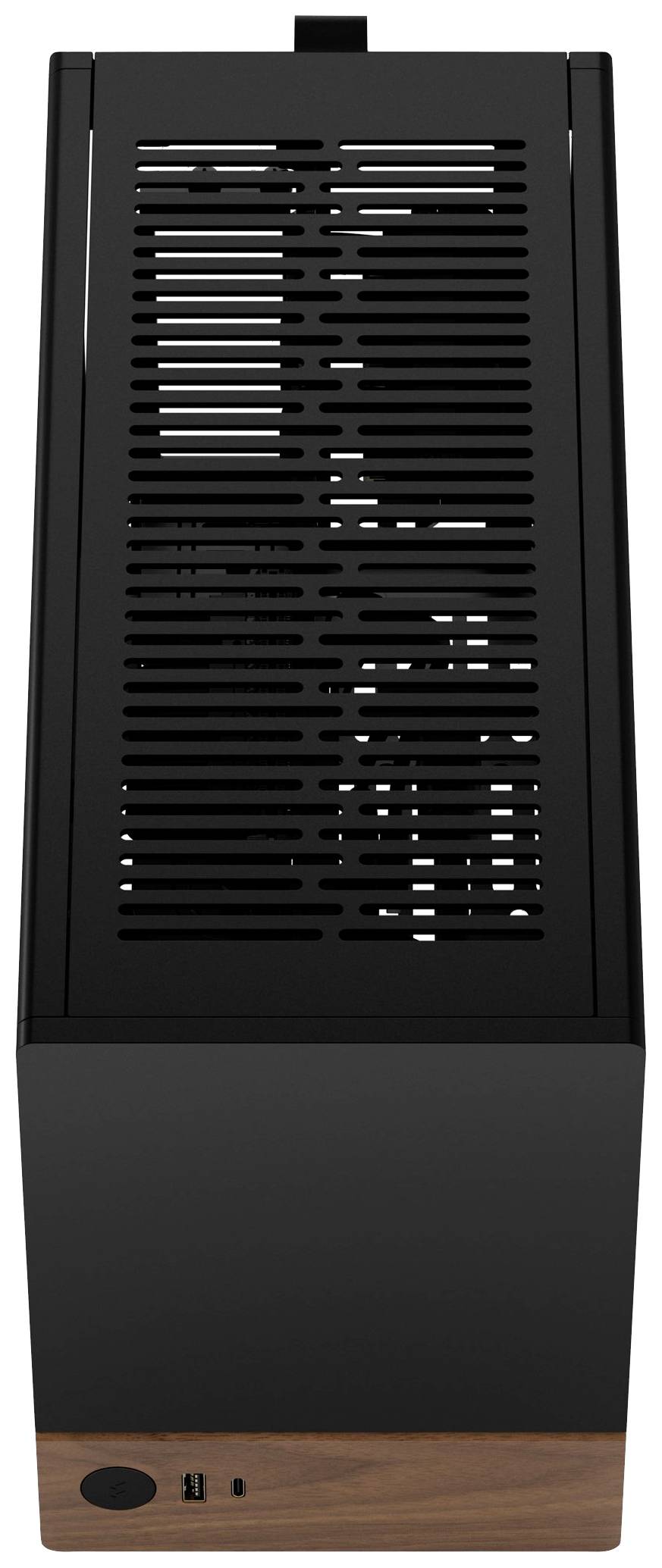 Čierna PC skrinka s dreveným obložením dole. Predná strana s USB portami. Horná strana s vetracou mriežkou pre chladenie.