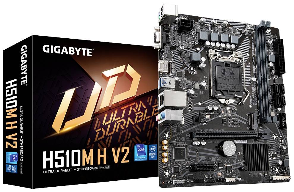 Základná doska a obal značky Gigabyte H510M H V2. Základná doska zobrazuje rôzne sloty a konektory.