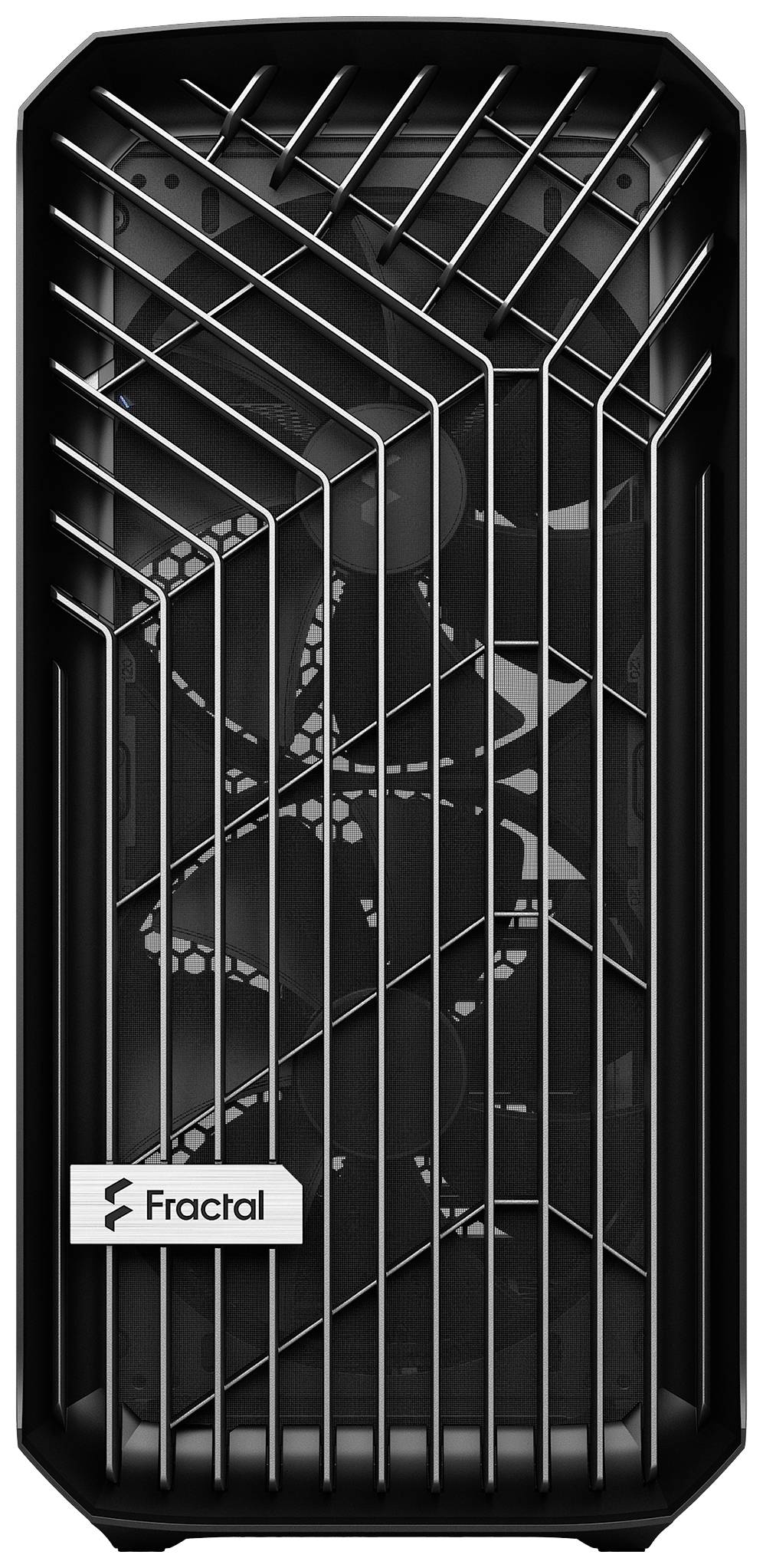 Čierna počítačová skrinka s mriežkovým predným dizajnom a logom Fractal v ľavom dolnom rohu.