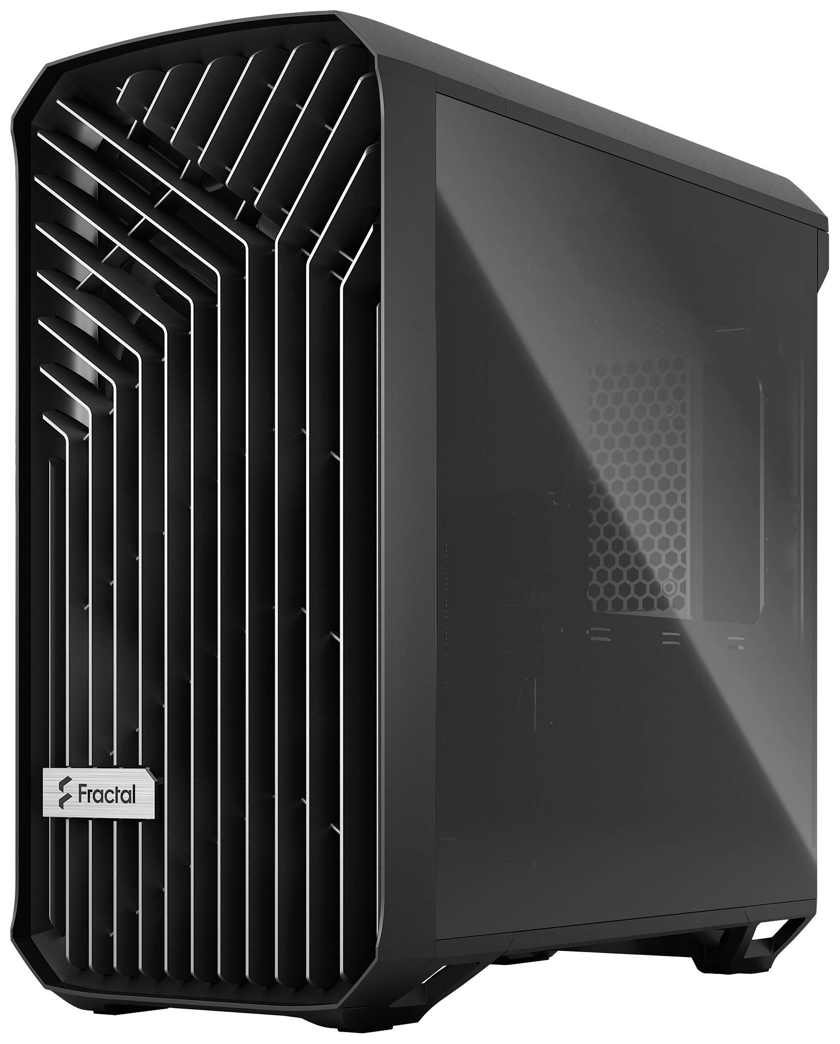 Fractal Design PC skrinka s čiernym, moderným dizajnom a výraznou, asymetrickou čelnou mriežkou. Priehľadný bočný panel.