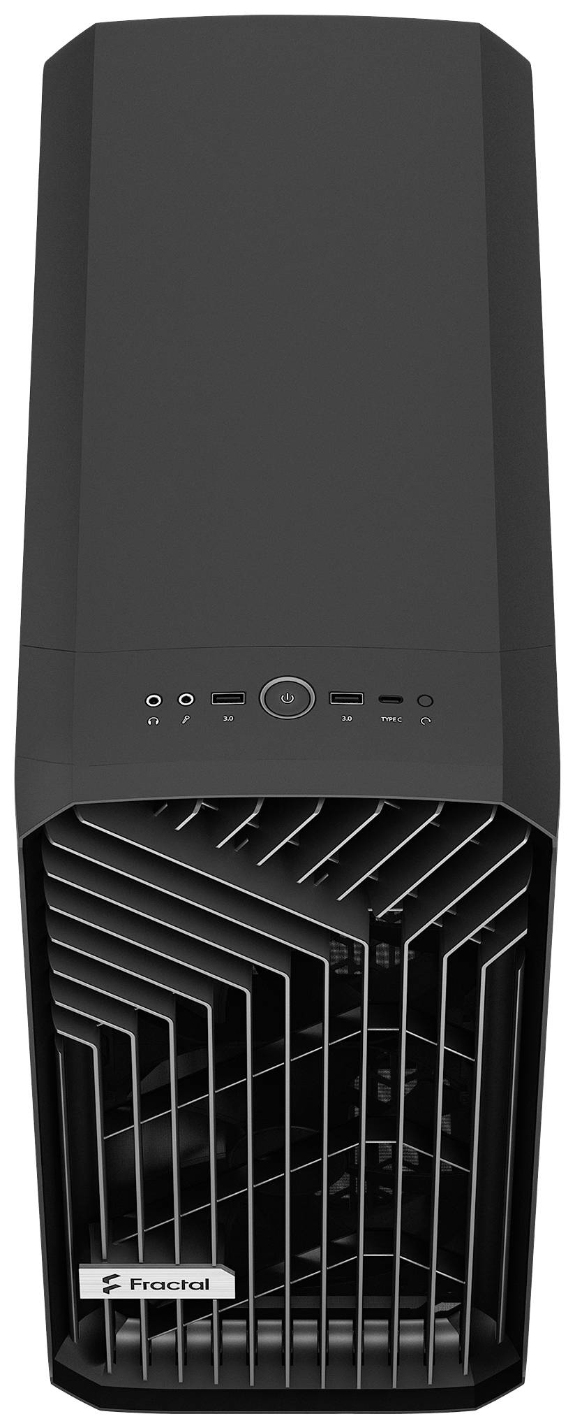 Čierna počítačová skrinka od Fractal Design, vertikálne orientovaná. Zvrchu sú viditeľné prípojky a firemné logo vpredu.