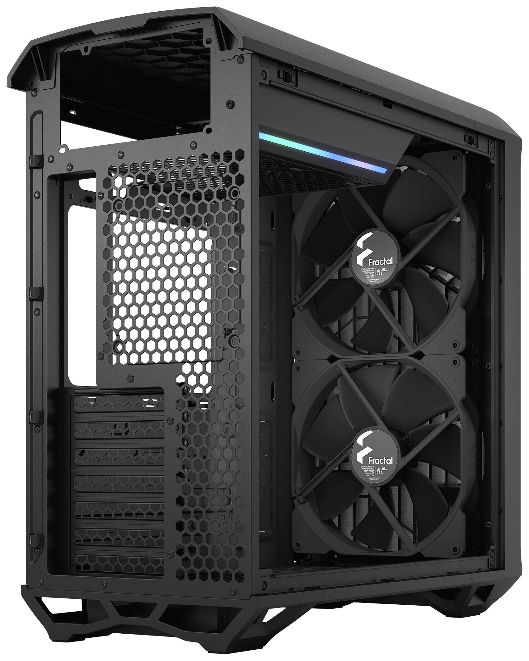 Čierna počítačová skríň s mriežkovaným zadným panelom a dvomi viditelnými ventilátormi; moderný a otvorený dizajn.