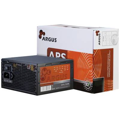 Sieťový zdroj 'Argus APS-720W', formát ATX, čierny, zobrazený vedľa produktového obalu. Balenie zdôrazňuje vysoký výkon a efektivitu.