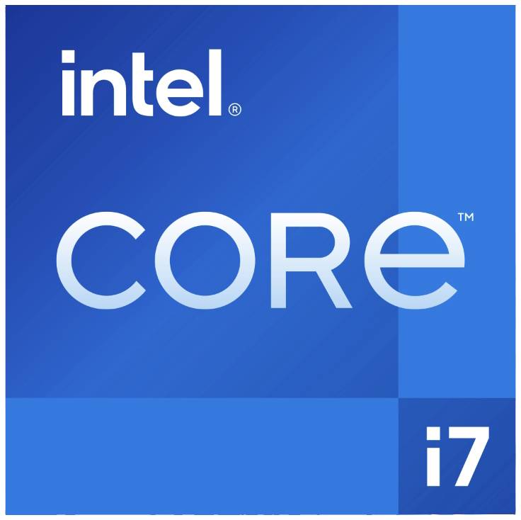 Logo Intel Core i7, modré dizajnové prevedenie so slovom 'Core' uprostred a 'i7' v spodnom pravom rohu.