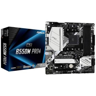Základná doska ASRock B550M PRO4 vo svojom obale. Základná doska zobrazuje niekoľko konektorov a zásuvku AMD pre procesory.