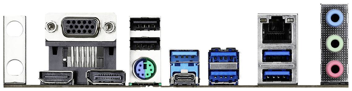 Zadná strana počítačovej základnej dosky s rôznymi konektormi: VGA, HDMI, PS/2, USB 3.0, Ethernet a audio konektory.