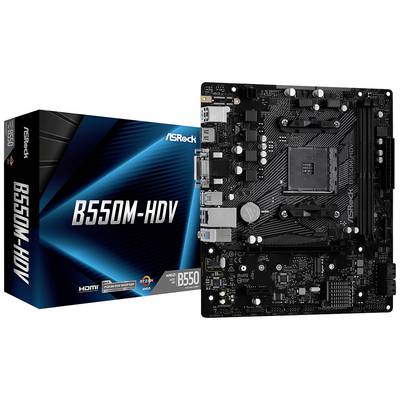 Základná doska ASRock B550M-HDV vedľa obalu. Zobrazuje konektory a rozloženie. Vhodná pre procesory AMD, s podporou HDMI.