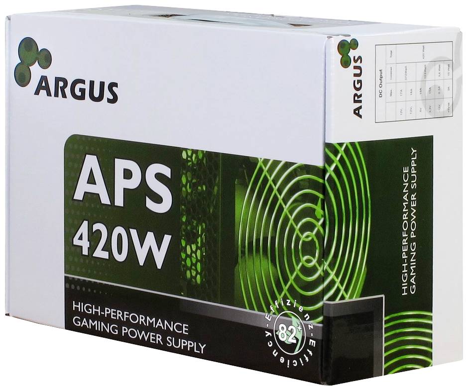 Zelený obal napájacieho zdroja Argus APS 420W pre high-end gaming, s 82% účinnosťou.